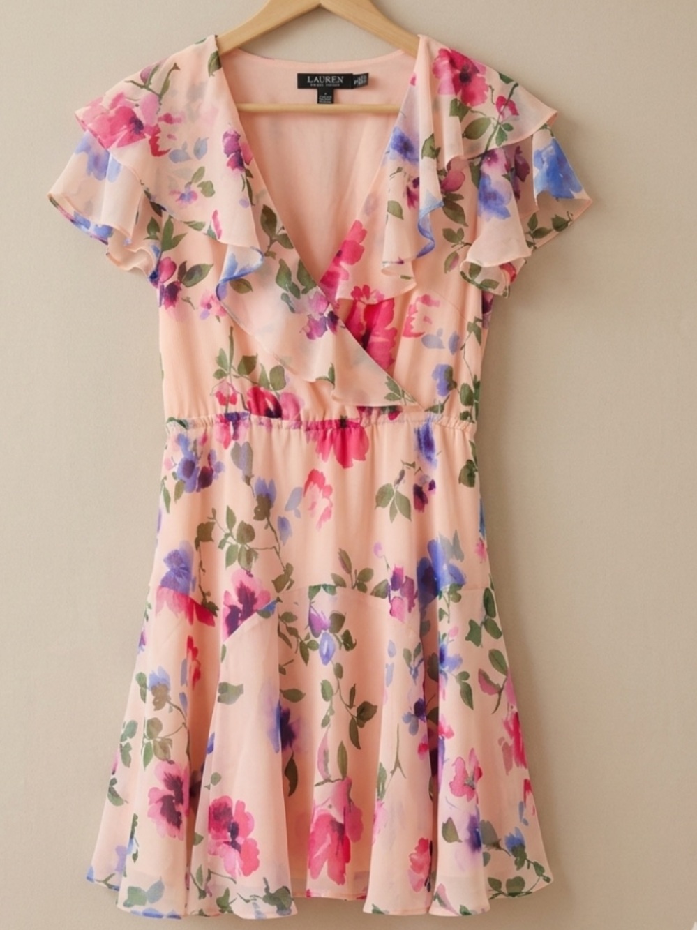 Ralph Lauren Pink Floral Ruffle Mini Dress with Blue & Green Accents